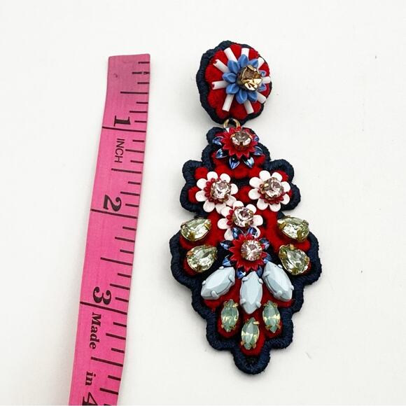 J Crew Chandelier Earring Oversized Red Blue Embroidered Big Beaded Jeweled - Picture 4 of 10